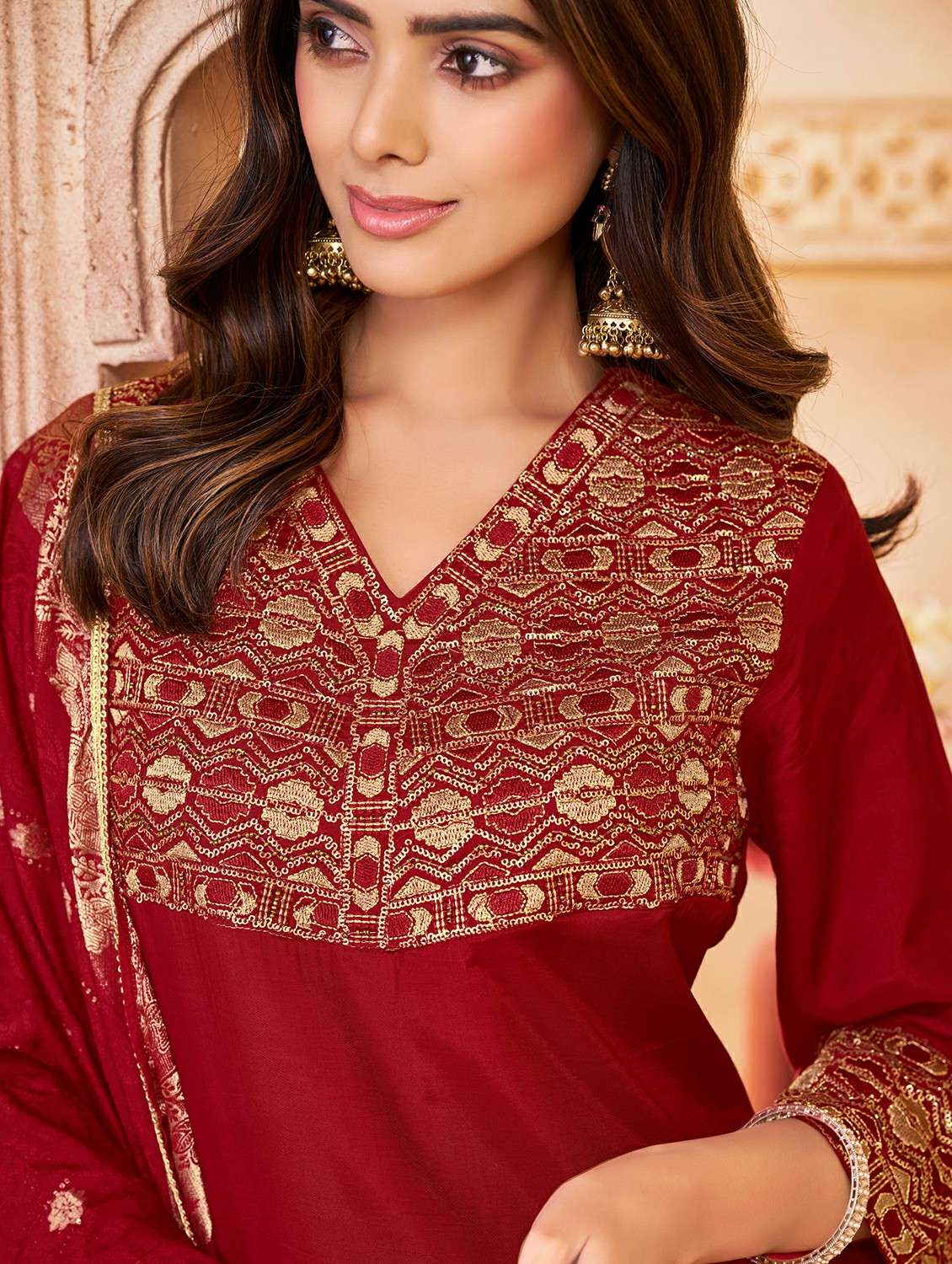 women solid with work three quarter sleeve kurta pant with dupatta set - 22286469 -  Standard Image - 4