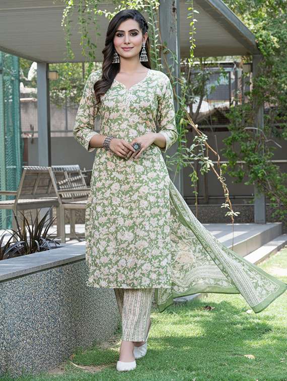 women printed three quarter sleeve kurta pant with dupatta set - 22286473 -  Standard Image - 1