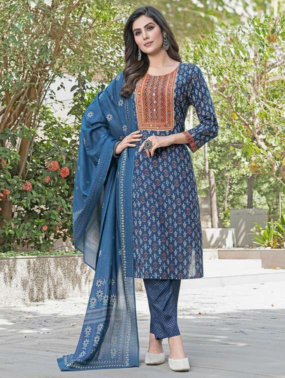 women printed three quarter sleeve kurta pant with dupatta set - 22286478 -  Standard Image - 1