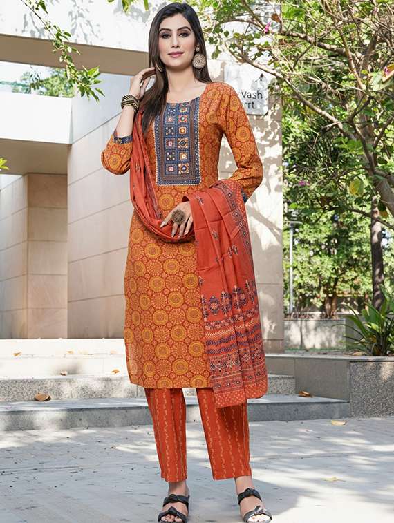 women printed three quarter sleeve kurta pant with dupatta set - 22286480 -  Standard Image - 1