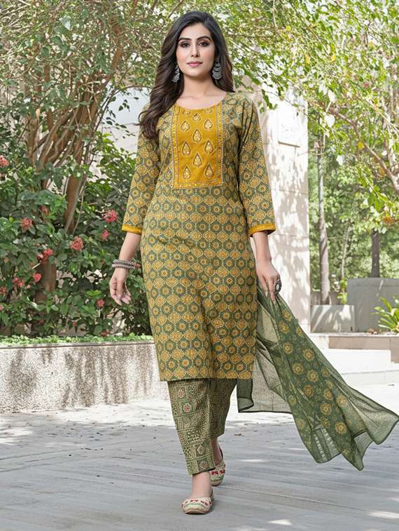 women printed three quarter sleeve kurta pant with dupatta set - 22286481 -  Standard Image - 1