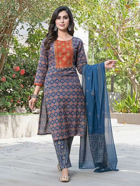 women printed three quarter sleeve kurta pant with dupatta set - 22286482 -  Standard Image - 1