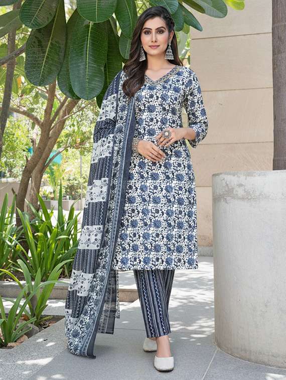 women printed three quarter sleeve kurta pant with dupatta set - 22286487 -  Standard Image - 1
