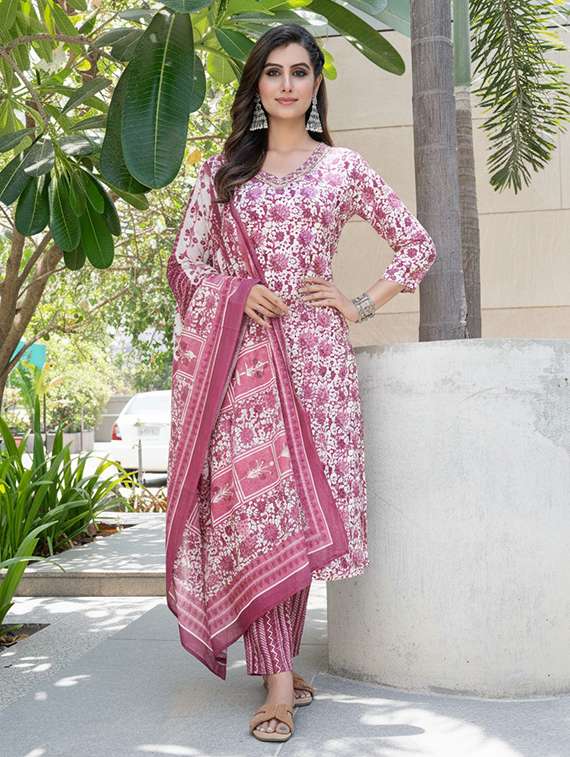 women printed three quarter sleeve kurta pant with dupatta set - 22286488 -  Standard Image - 1