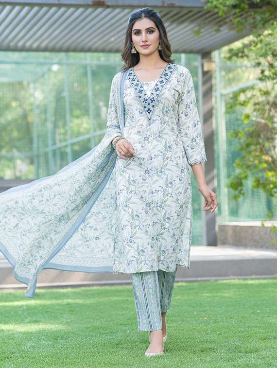 women printed three quarter sleeve kurta pant with dupatta set - 22286489 -  Standard Image - 1