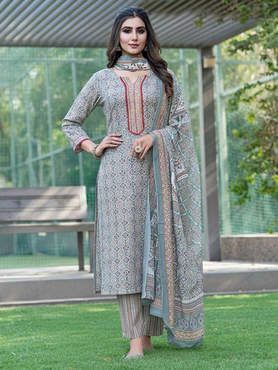 women printed three quarter sleeve kurta pant with dupatta set - 22286491 -  Standard Image - 1