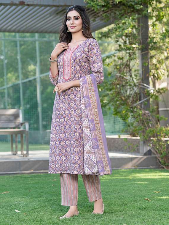 women printed three quarter sleeve kurta pant with dupatta set - 22286492 -  Standard Image - 1