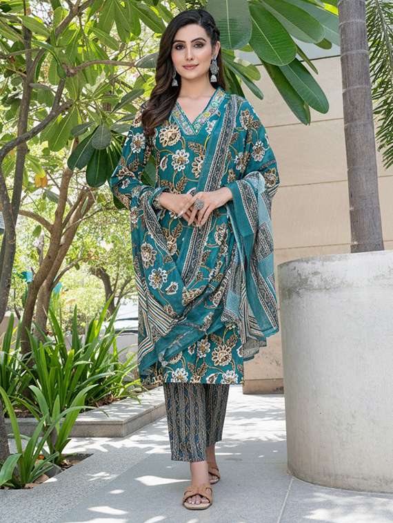 women printed three quarter sleeve kurta pant with dupatta set - 22286494 -  Standard Image - 1