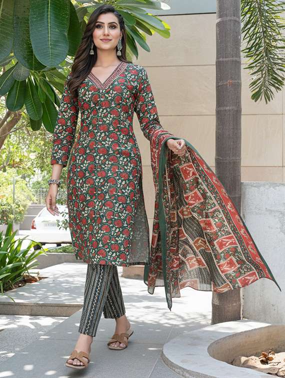 women printed three quarter sleeve kurta pant with dupatta set - 22286497 -  Standard Image - 1