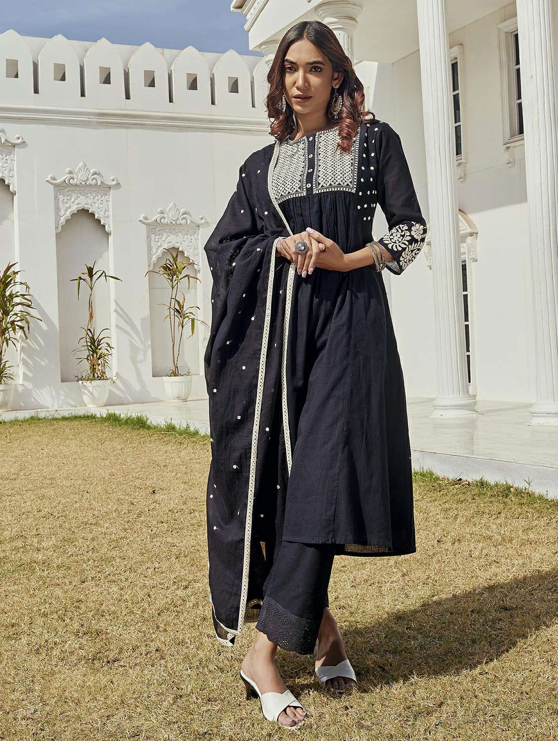 Women Solid With Work Three Quarter Sleeve Kurta Pant With Dupatta Set - 22286499 -  Standard Image - 1