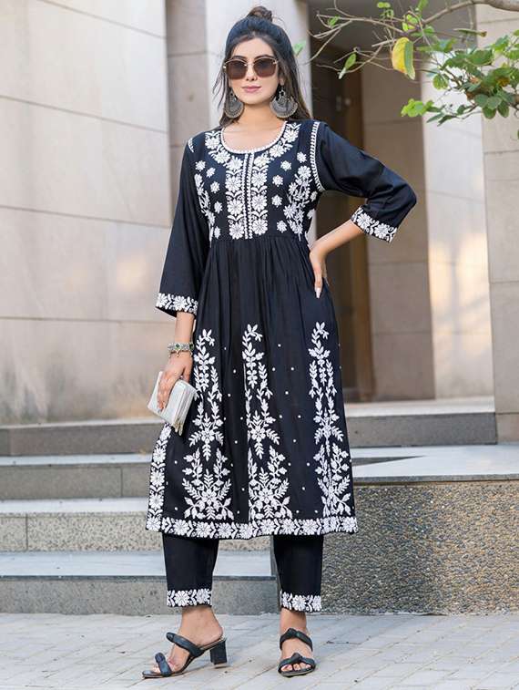 women solid with work three quarter sleeve kurta pant set - 22286500 -  Standard Image - 1