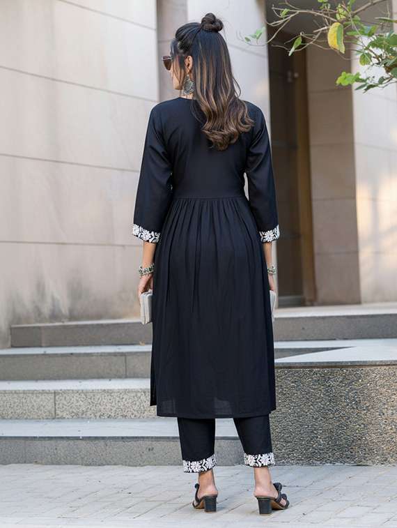 women solid with work three quarter sleeve kurta pant set - 22286500 -  Standard Image - 4