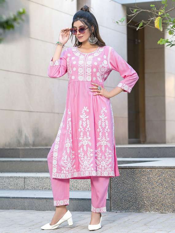 women solid with work three quarter sleeve kurta pant set - 22286501 -  Standard Image - 1