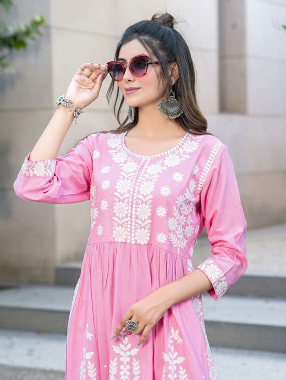 women solid with work three quarter sleeve kurta pant set - 22286501 -  Standard Image - 4