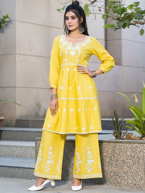 women solid with work three quarter sleeve kurta palazzo set - 22286502 -  Standard Image - 1