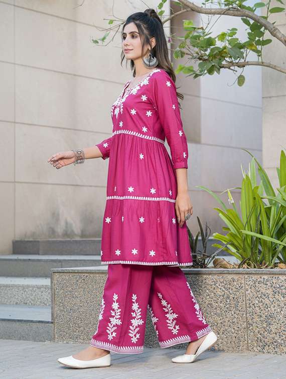 women solid with work three quarter sleeve kurta palazzo set - 22286503 -  Standard Image - 1