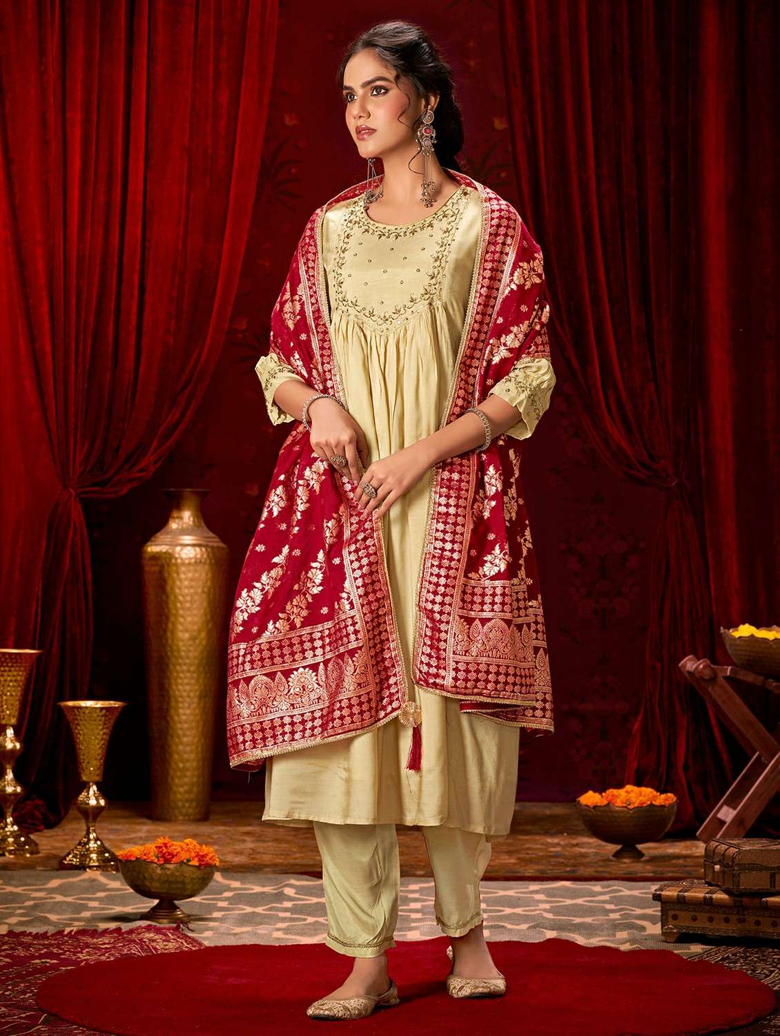 women solid with work three quarter sleeve kurta pant with dupatta set - 22286504 -  Standard Image - 1
