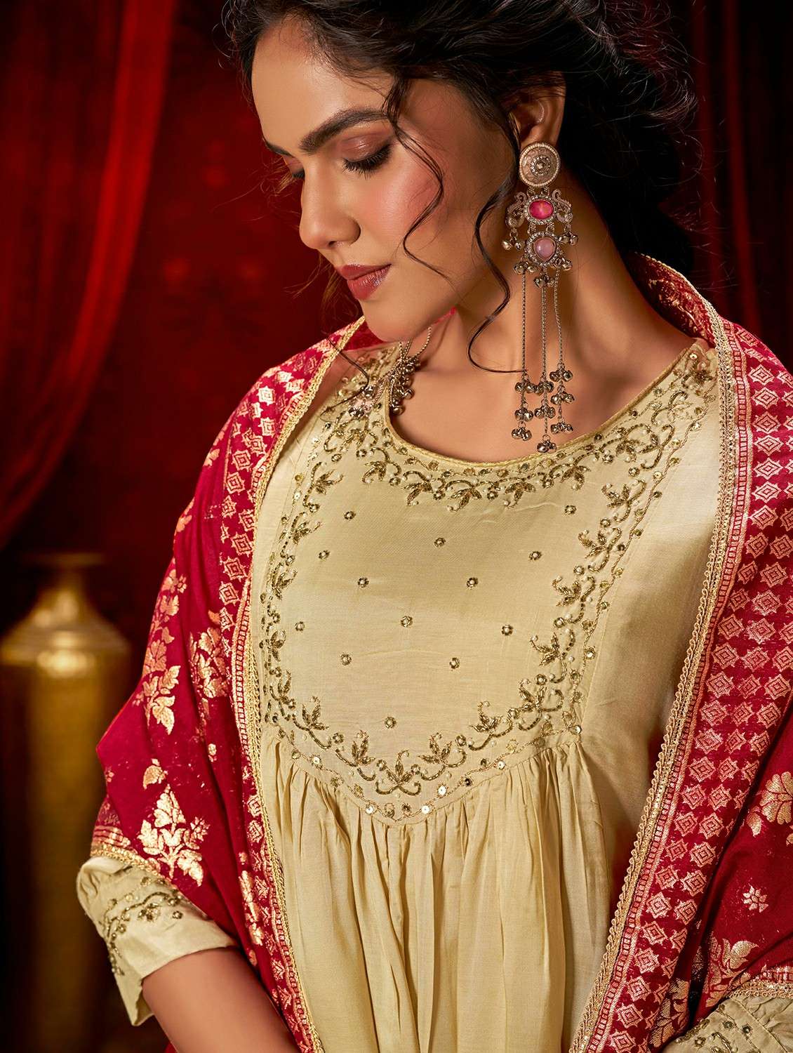 women solid with work three quarter sleeve kurta pant with dupatta set - 22286504 -  Standard Image - 4