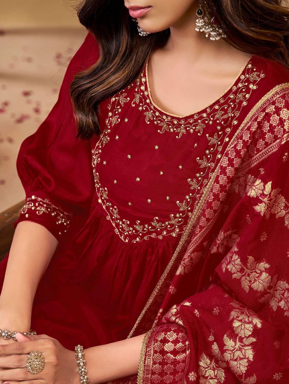 women solid with work three quarter sleeve kurta pant with dupatta set - 22286505 -  Standard Image - 4