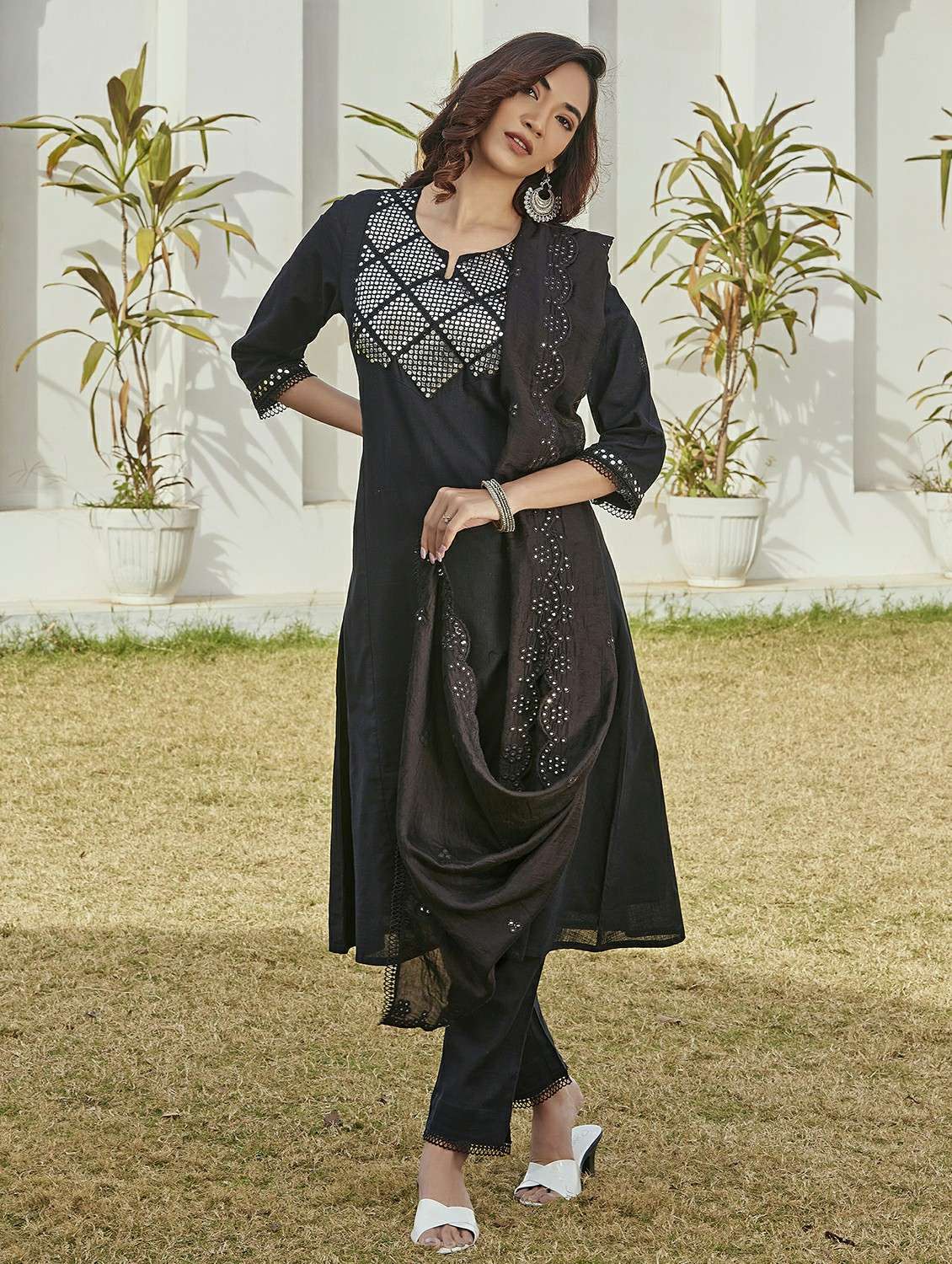 Women Solid With Work Three Quarter Sleeve Kurta Pant With Dupatta Set - 22286507 -  Standard Image - 1