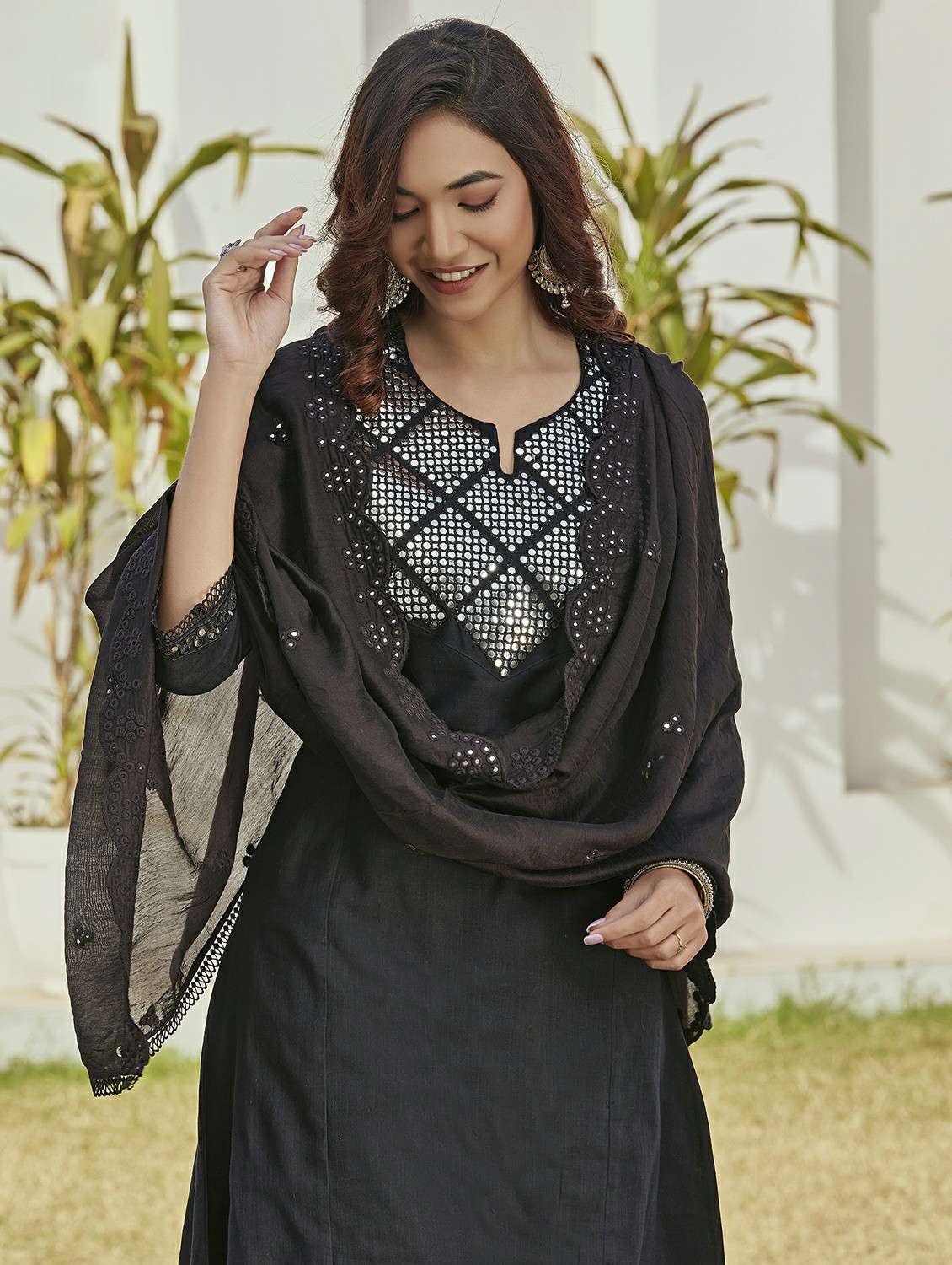 Women Solid With Work Three Quarter Sleeve Kurta Pant With Dupatta Set - 22286507 -  Standard Image - 4