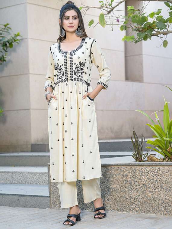 women solid with work three quarter sleeve kurta pant set - 22286508 -  Standard Image - 1