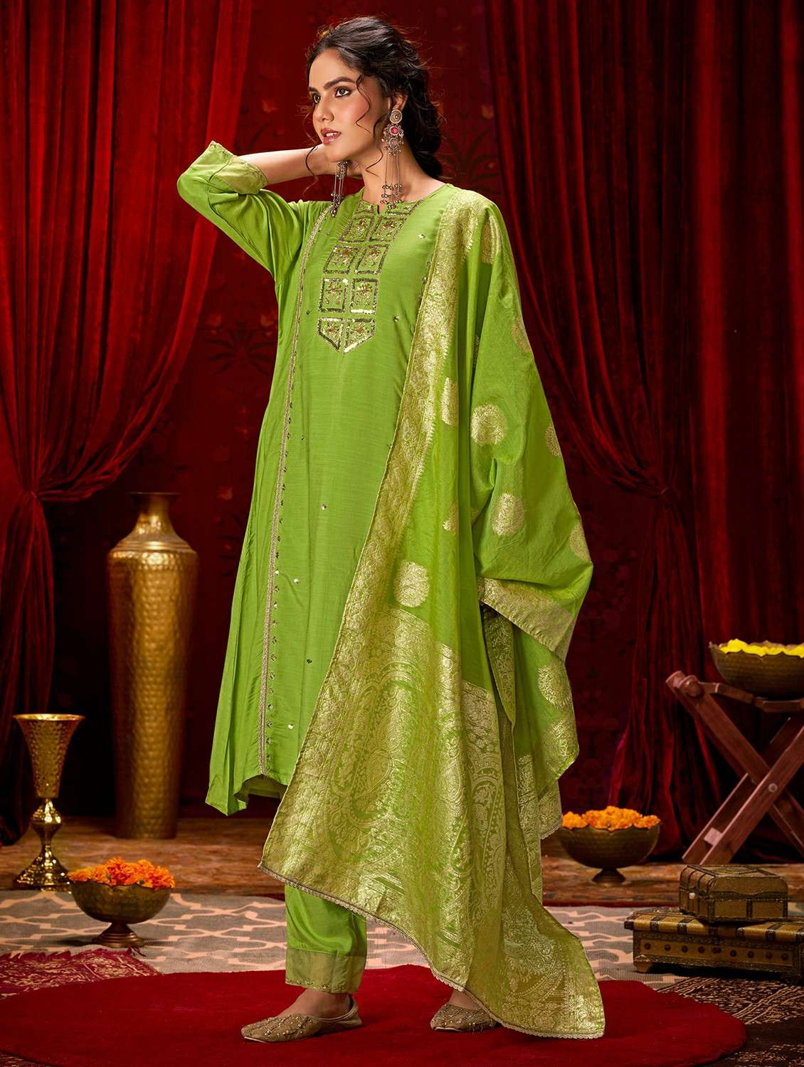 women solid with work three quarter sleeve kurta pant with dupatta set - 22286510 -  Standard Image - 1