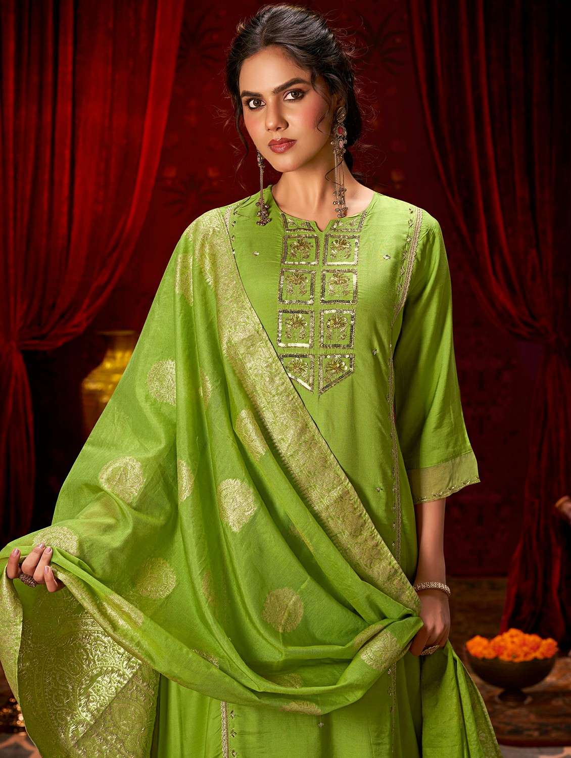 women solid with work three quarter sleeve kurta pant with dupatta set - 22286510 -  Standard Image - 4