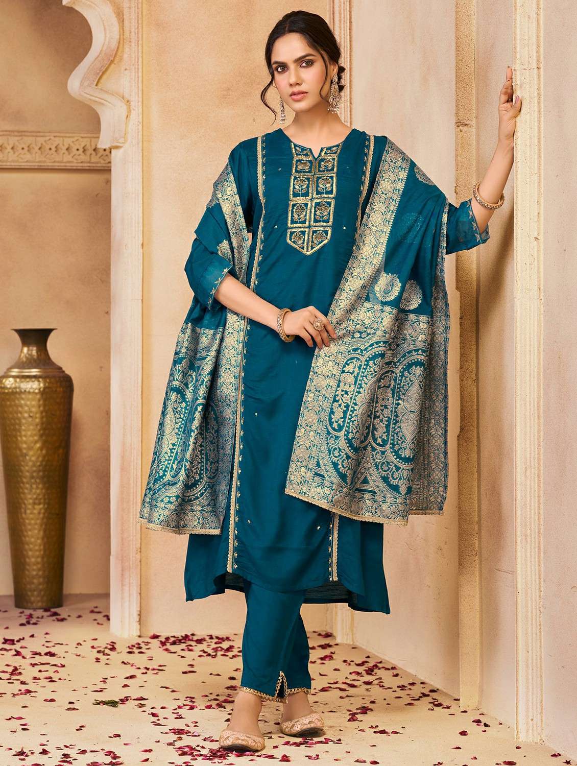 women solid with work three quarter sleeve kurta pant with dupatta set