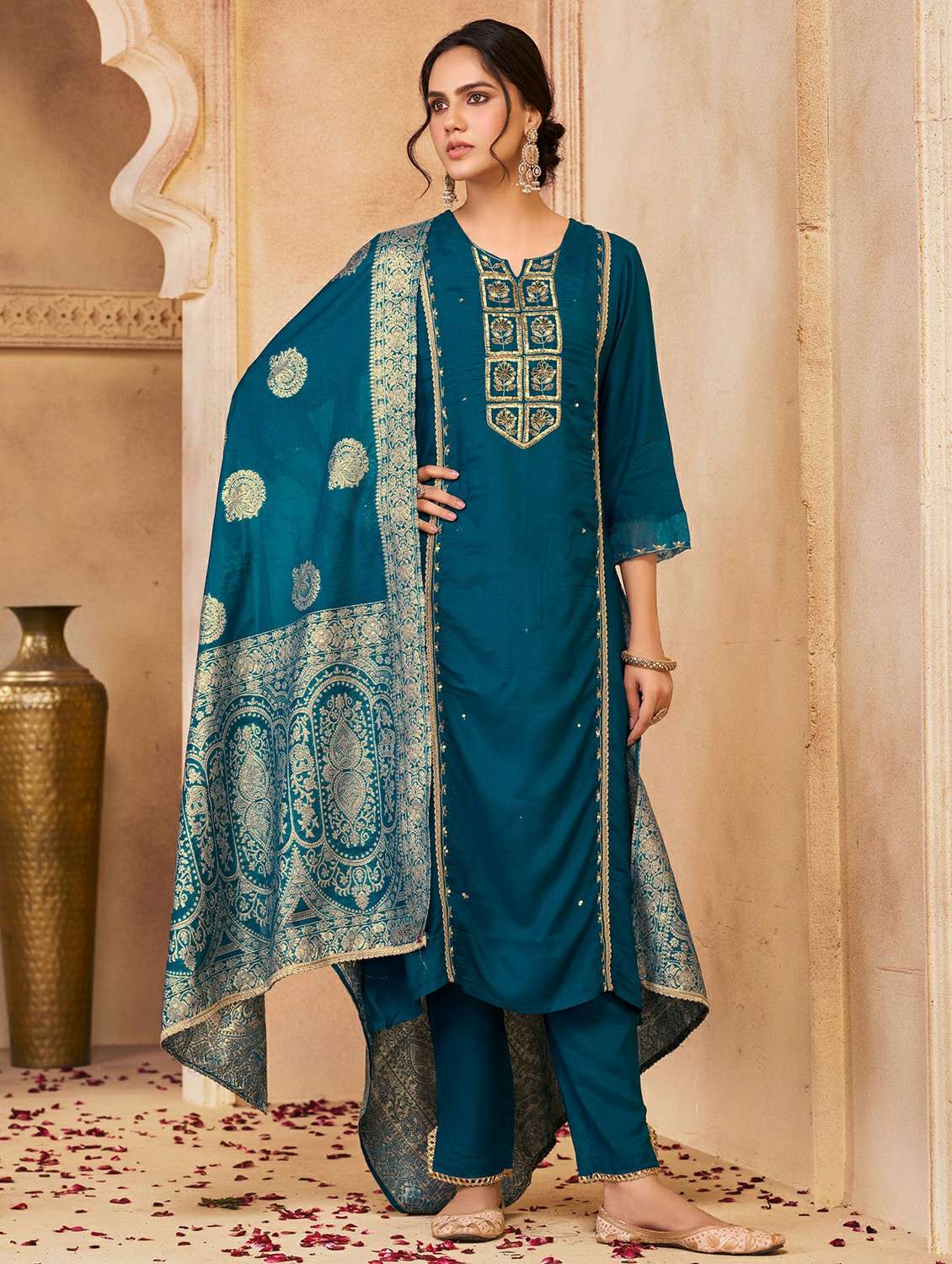 women solid with work three quarter sleeve kurta pant with dupatta set - 22286511 -  Standard Image - 1
