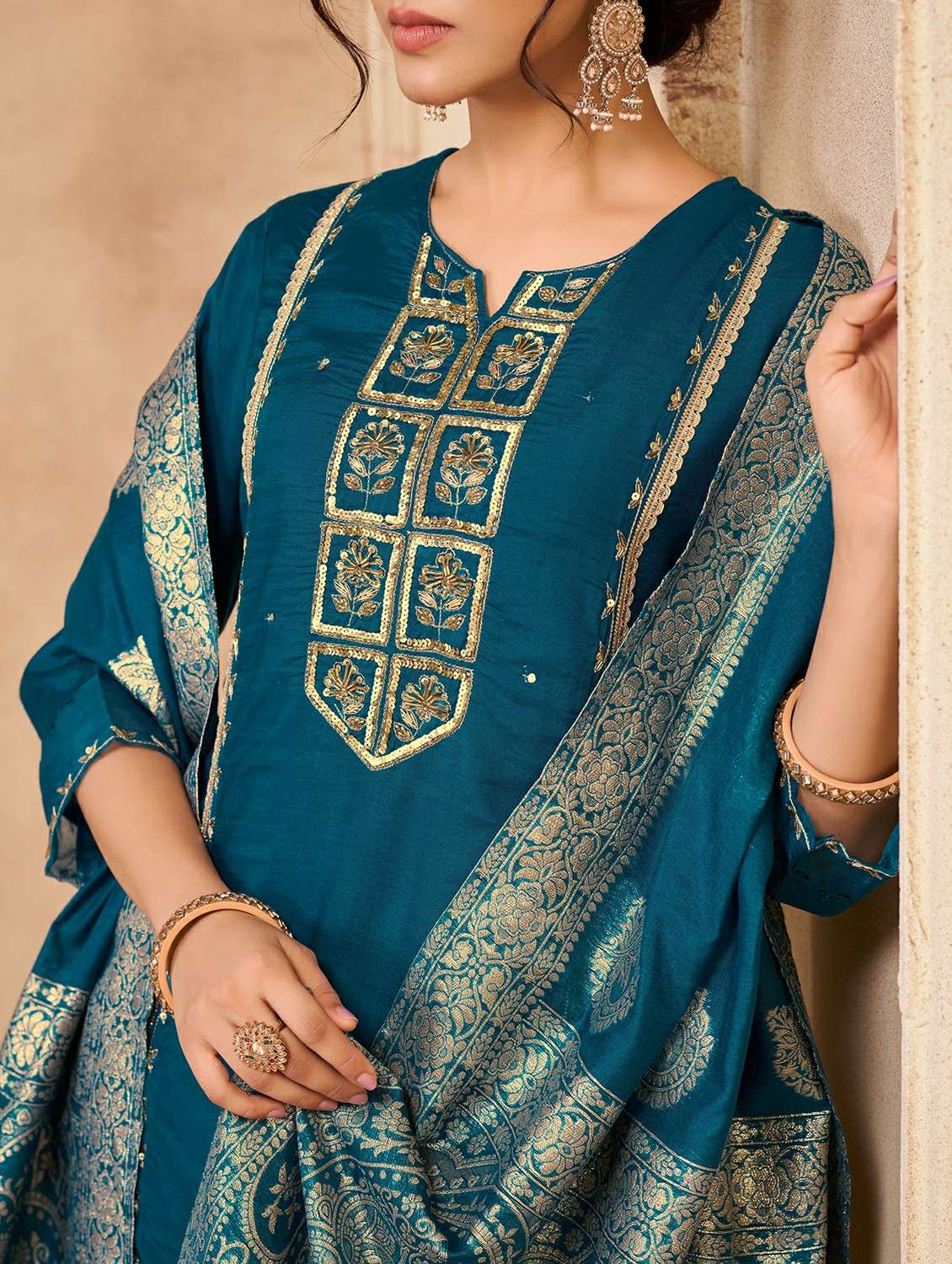 women solid with work three quarter sleeve kurta pant with dupatta set - 22286511 -  Standard Image - 4