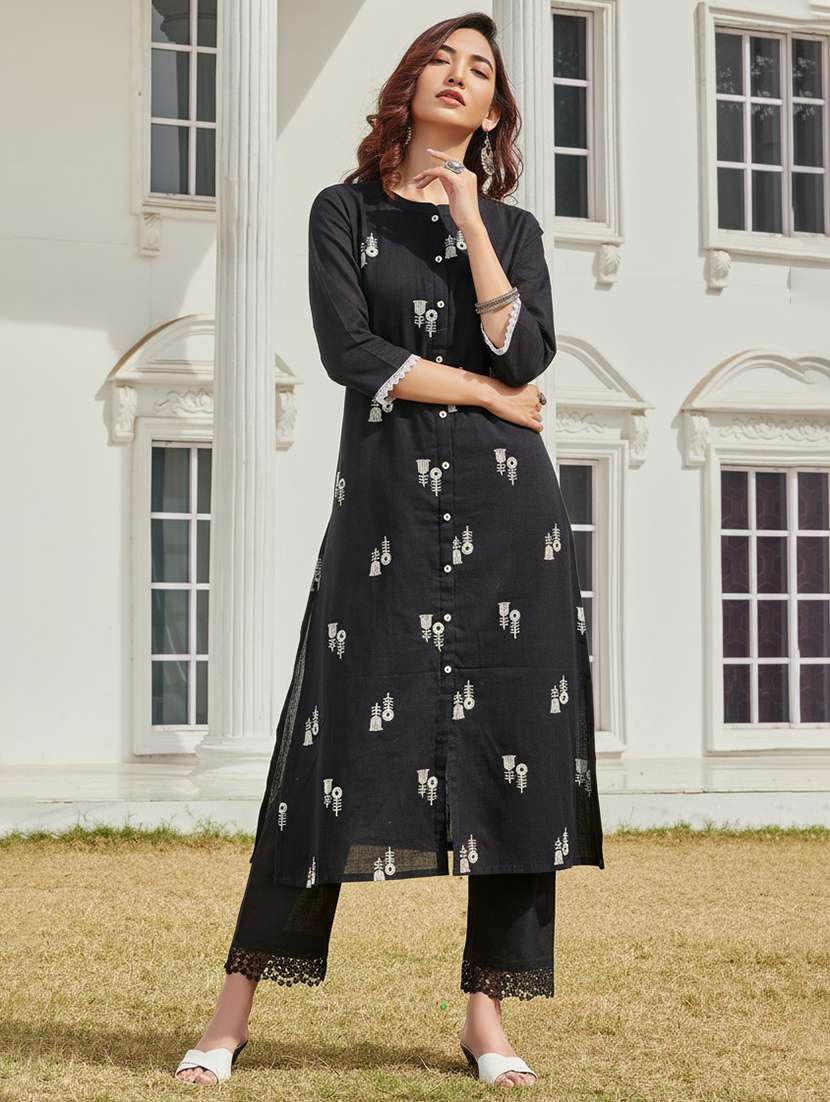 women solid with work three quarter sleeve kurta pant set - 22286512 -  Standard Image - 1