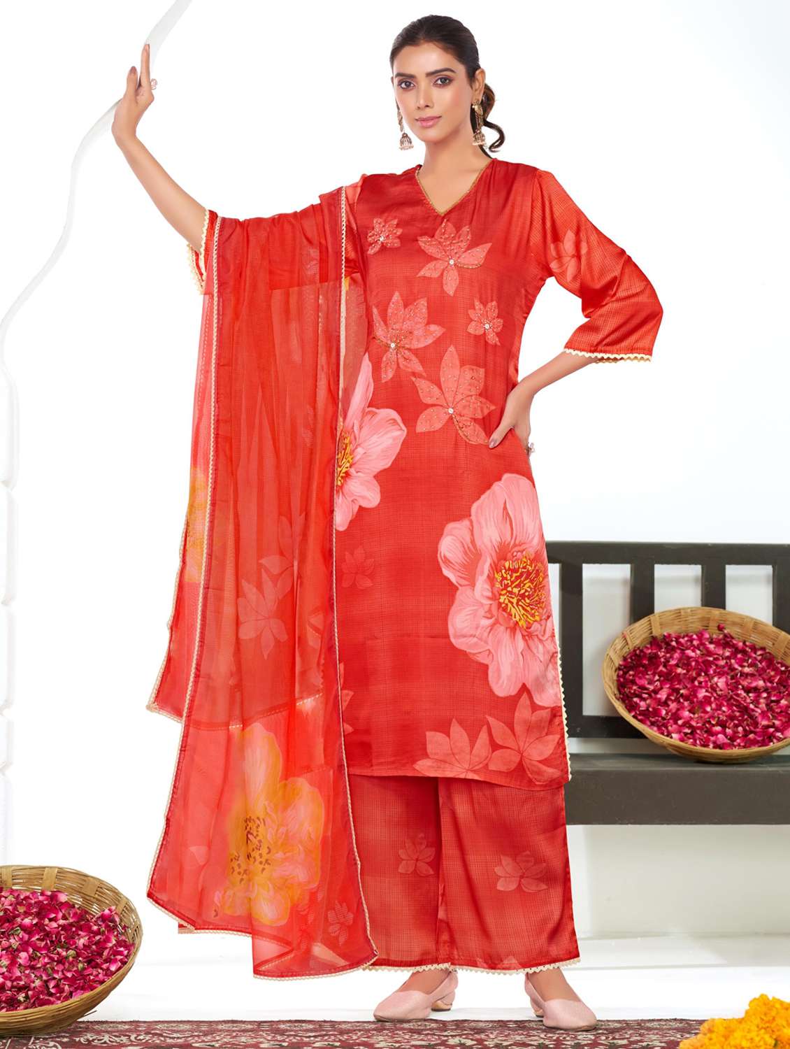 women floral three quarter sleeve kurta palazzo with dupatta set - 22286515 -  Standard Image - 1