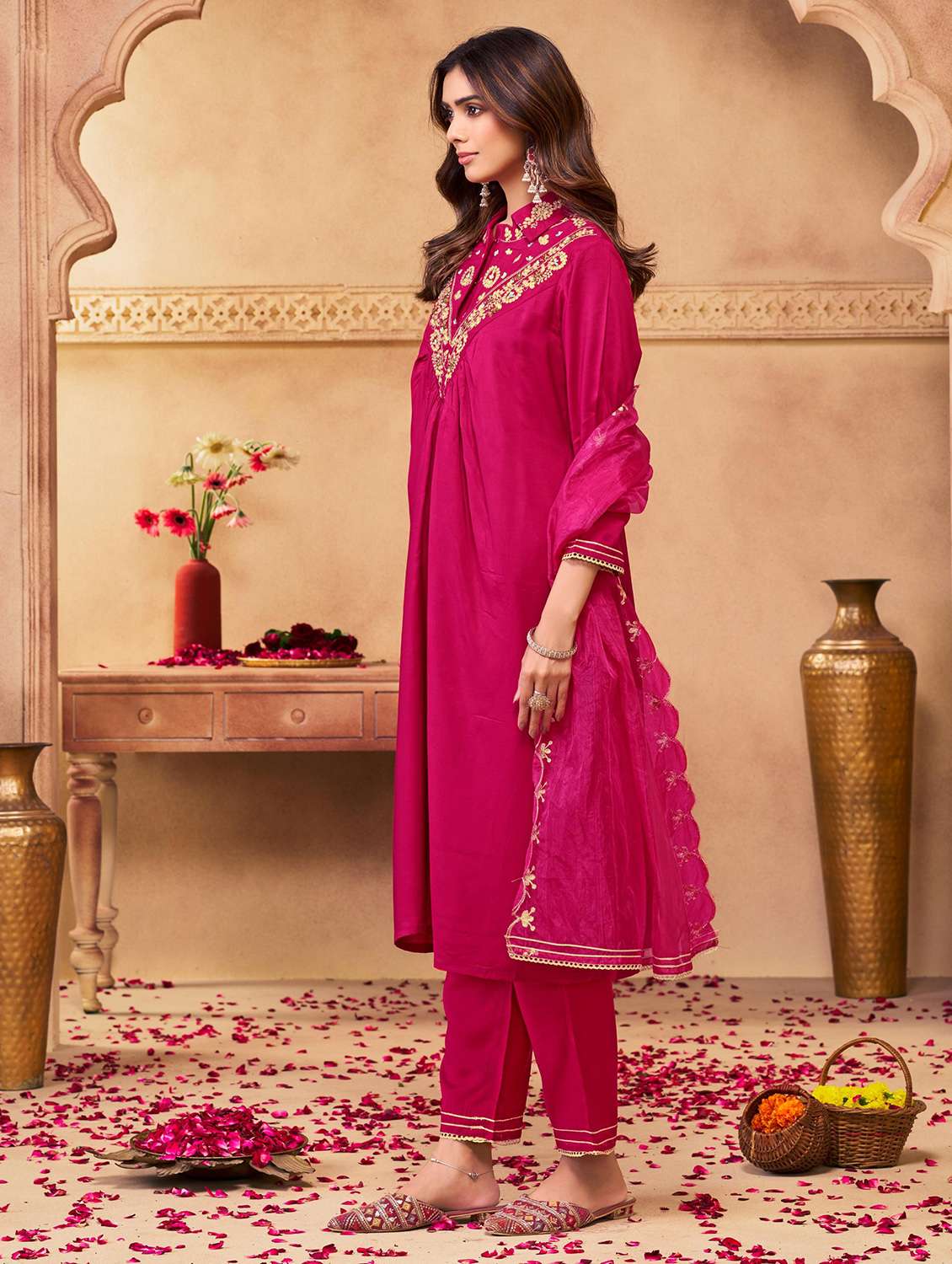 women solid with work three quarter sleeve kurta pant with dupatta set - 22286516 -  Standard Image - 1