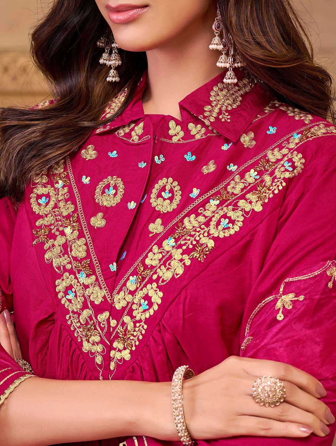 women solid with work three quarter sleeve kurta pant with dupatta set - 22286516 -  Standard Image - 4