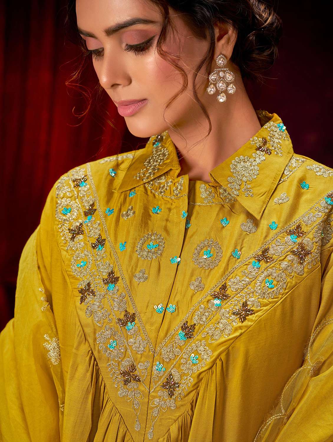 women solid with work three quarter sleeve kurta pant with dupatta set - 22286517 -  Standard Image - 4