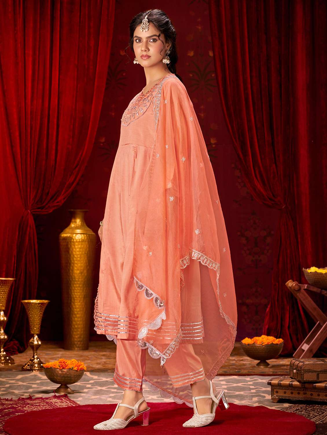 women solid with work three quarter sleeve kurta pant with dupatta set - 22286518 -  Standard Image - 1