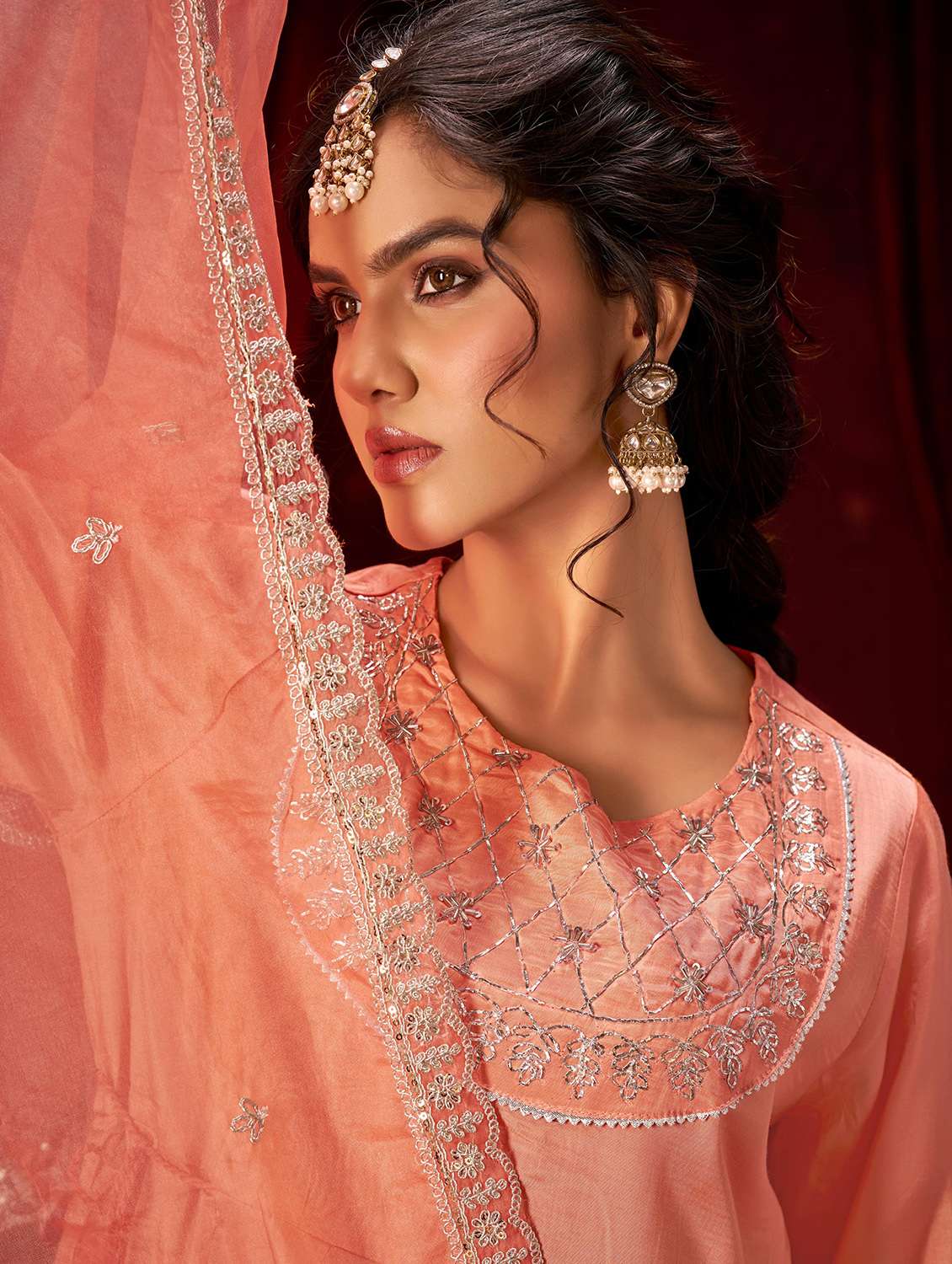 women solid with work three quarter sleeve kurta pant with dupatta set - 22286518 -  Standard Image - 4