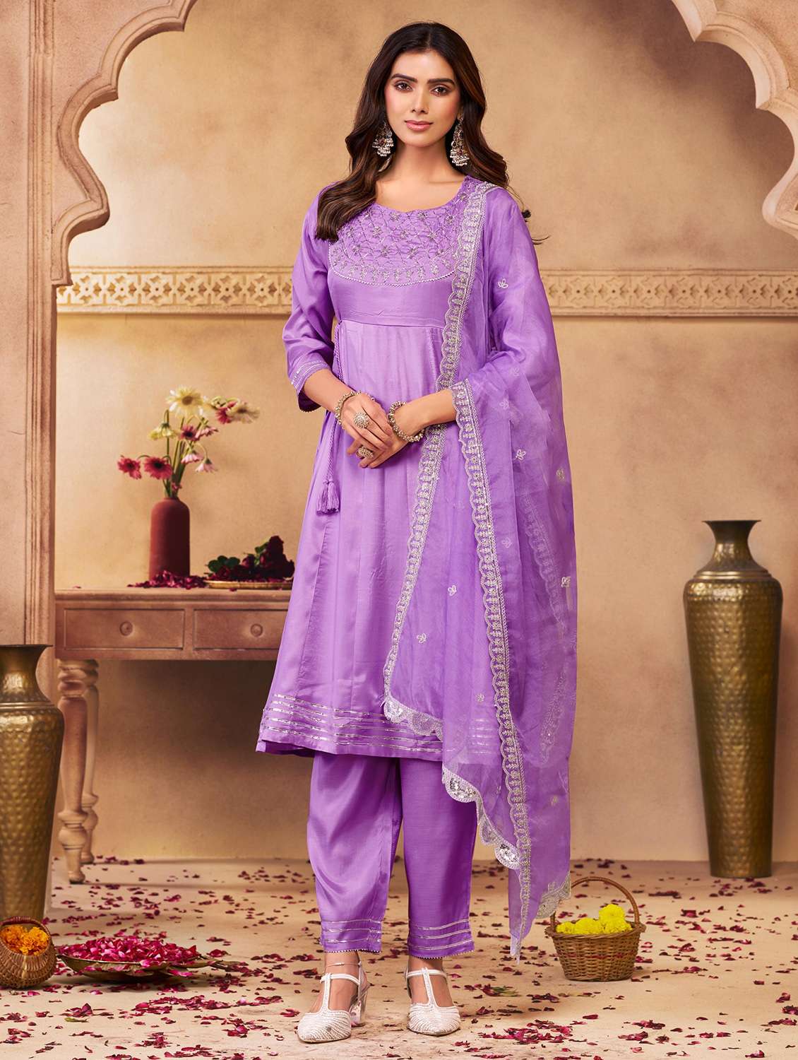 women solid with work three quarter sleeve kurta pant with dupatta set - 22286519 -  Standard Image - 1