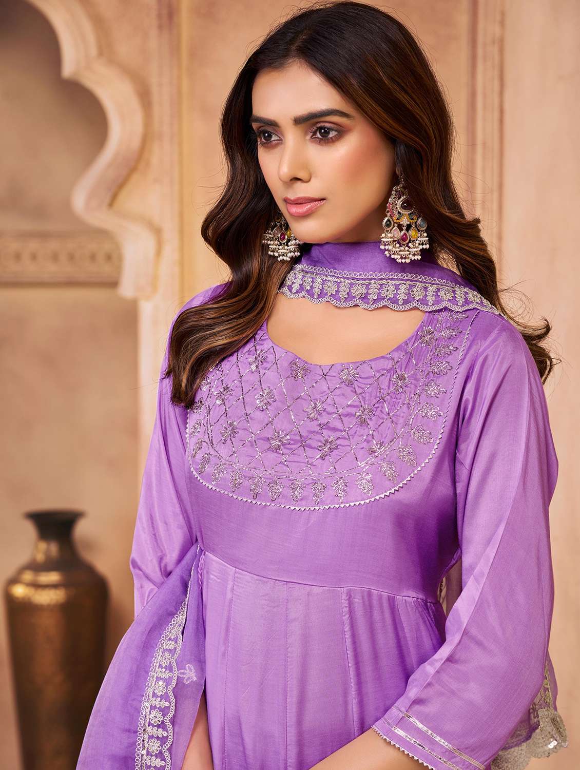 women solid with work three quarter sleeve kurta pant with dupatta set - 22286519 -  Standard Image - 4