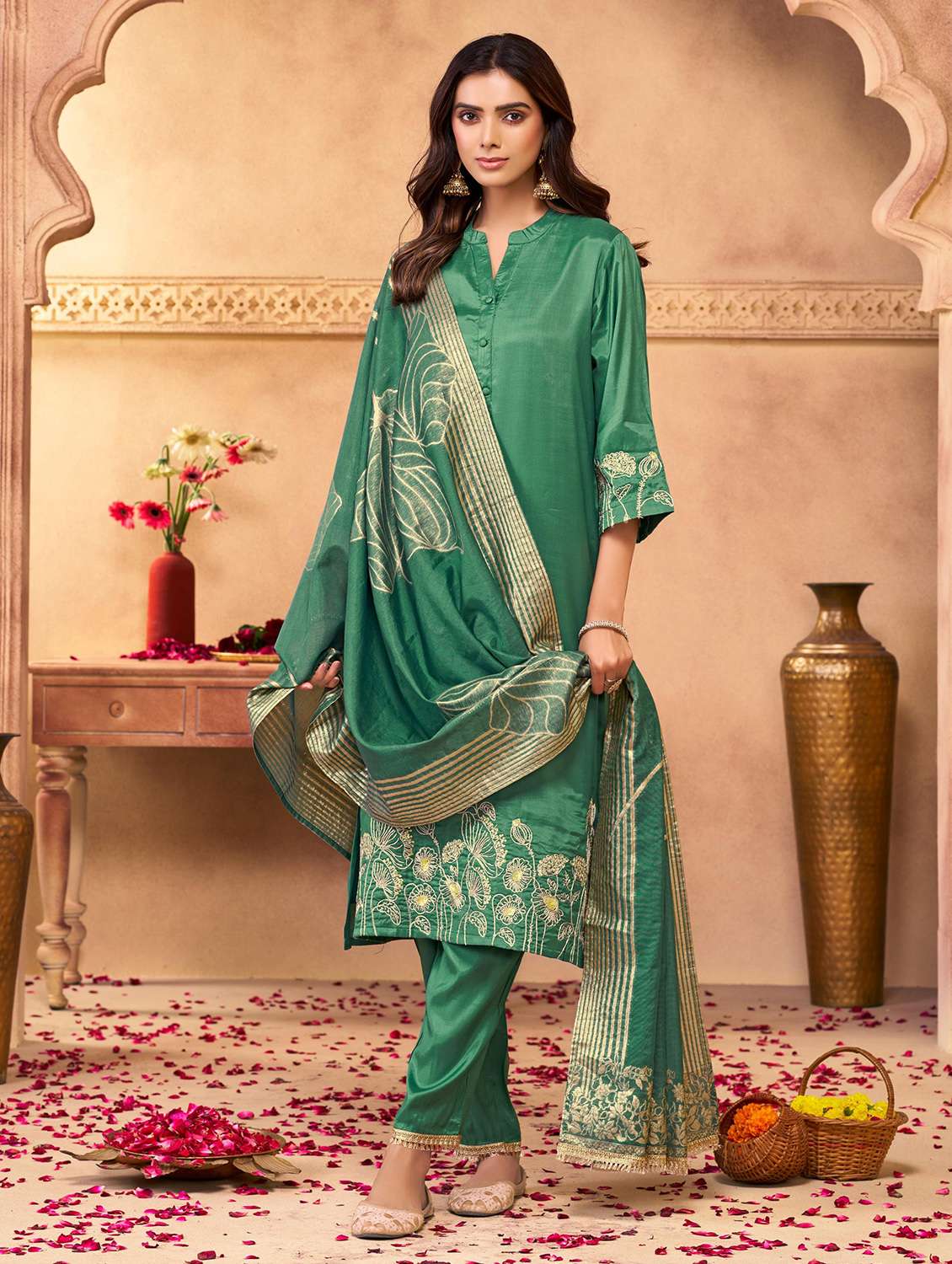 women solid with work three quarter sleeve kurta pant with dupatta set - 22286520 -  Standard Image - 1