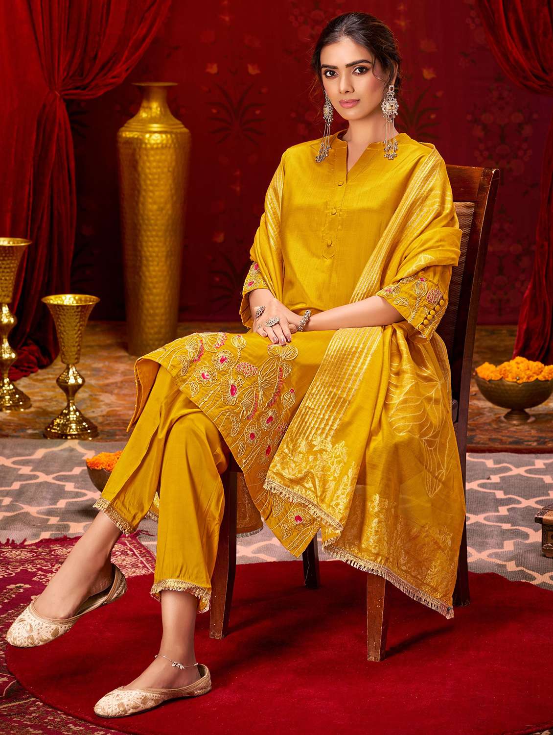 women solid with work three quarter sleeve kurta pant with dupatta set - 22286521 -  Standard Image - 1
