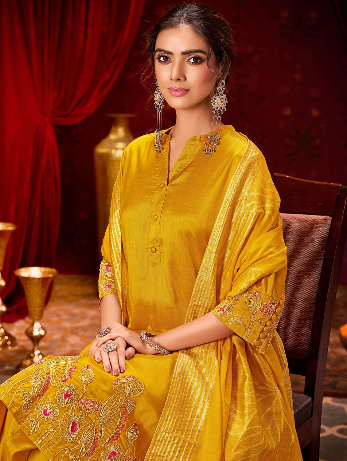 women solid with work three quarter sleeve kurta pant with dupatta set - 22286521 -  Standard Image - 4