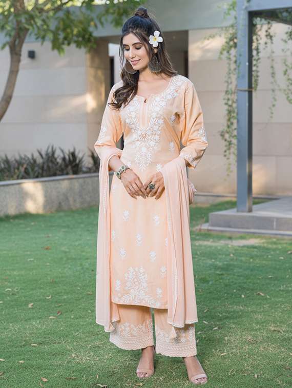 women solid with work three quarter sleeve kurta palazzo with dupatta set - 22286524 -  Standard Image - 1