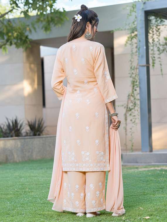 women solid with work three quarter sleeve kurta palazzo with dupatta set - 22286524 -  Standard Image - 4