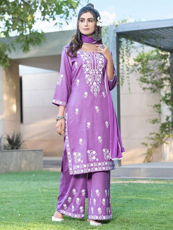 women solid with work three quarter sleeve kurta palazzo with dupatta set - 22286525 -  Standard Image - 1