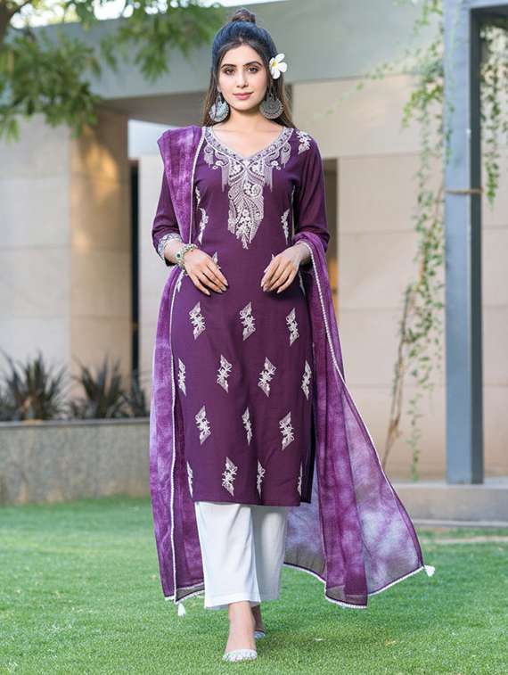 women solid with work three quarter sleeve kurta palazzo with dupatta set - 22286526 -  Standard Image - 1