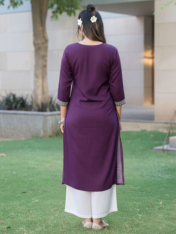 women solid with work three quarter sleeve kurta palazzo with dupatta set - 22286526 -  Standard Image - 4