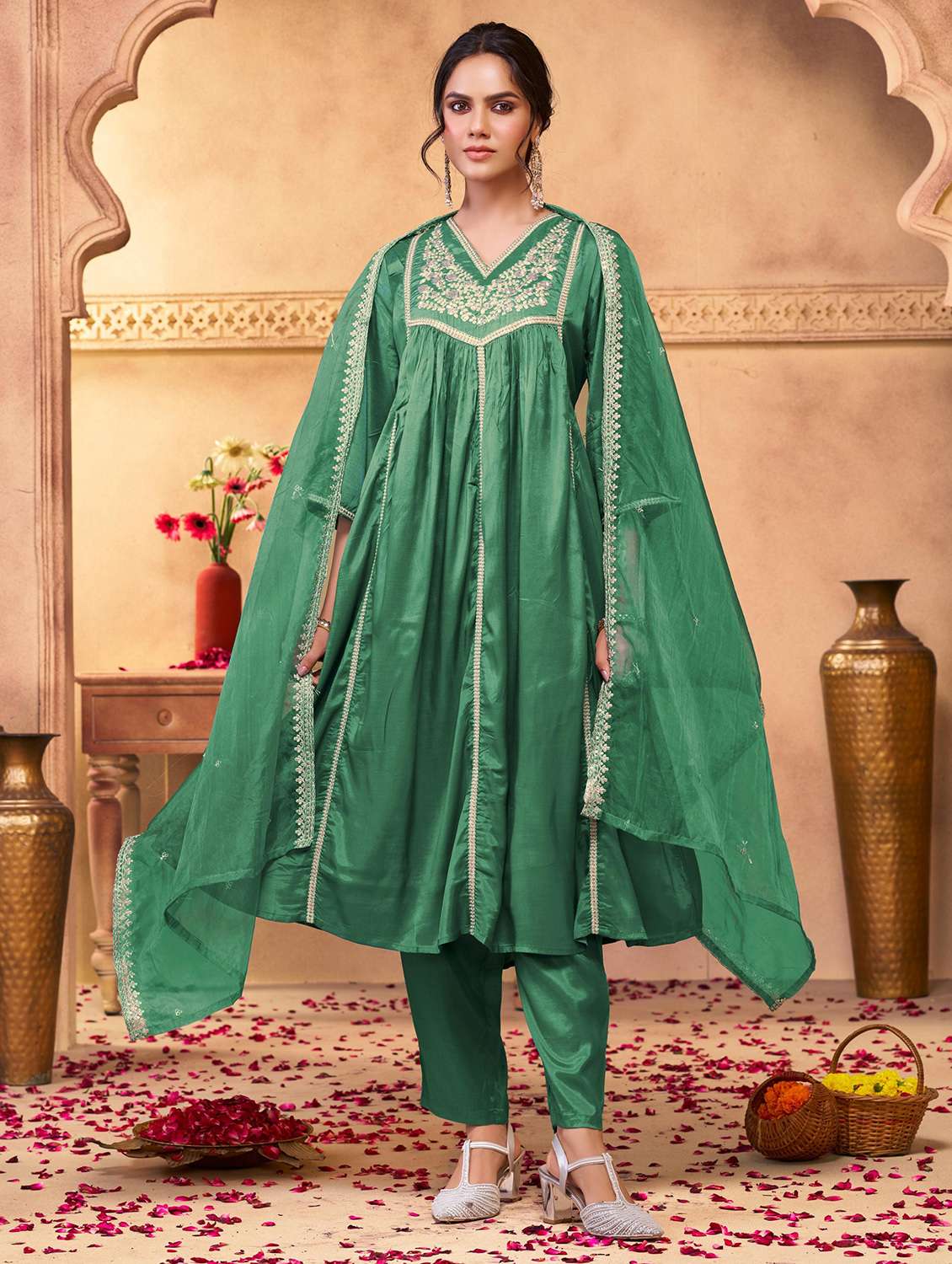 women solid with work three quarter sleeve kurta pant with dupatta set - 22286528 -  Standard Image - 1