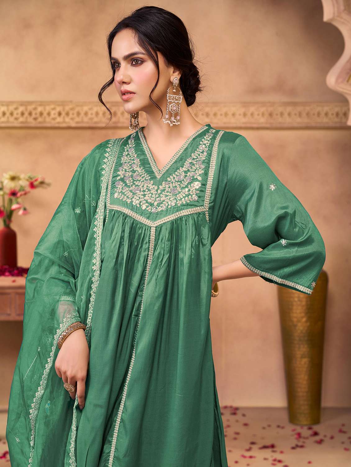 women solid with work three quarter sleeve kurta pant with dupatta set - 22286528 -  Standard Image - 4